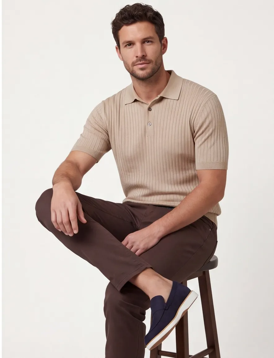 Thomas Maine polo trui camel lyocell met boord