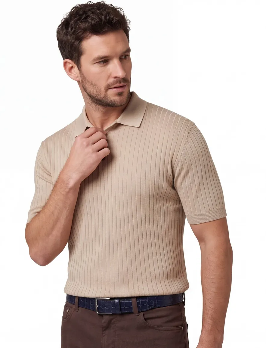 Thomas Maine polo trui camel lyocell met boord