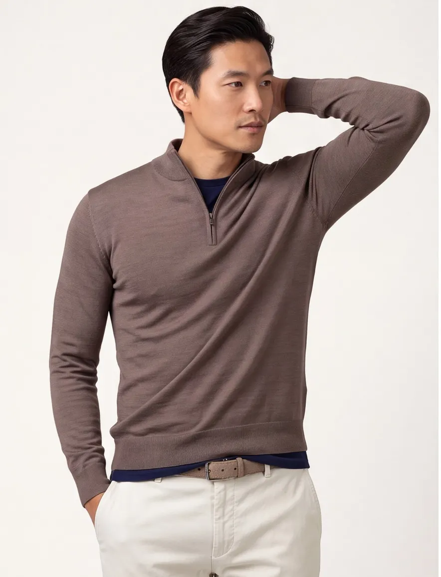 Thomas Maine half zip trui bruin merino wol