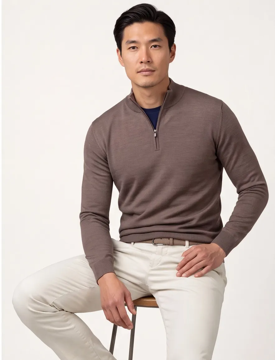 Thomas Maine half zip trui bruin merino wol