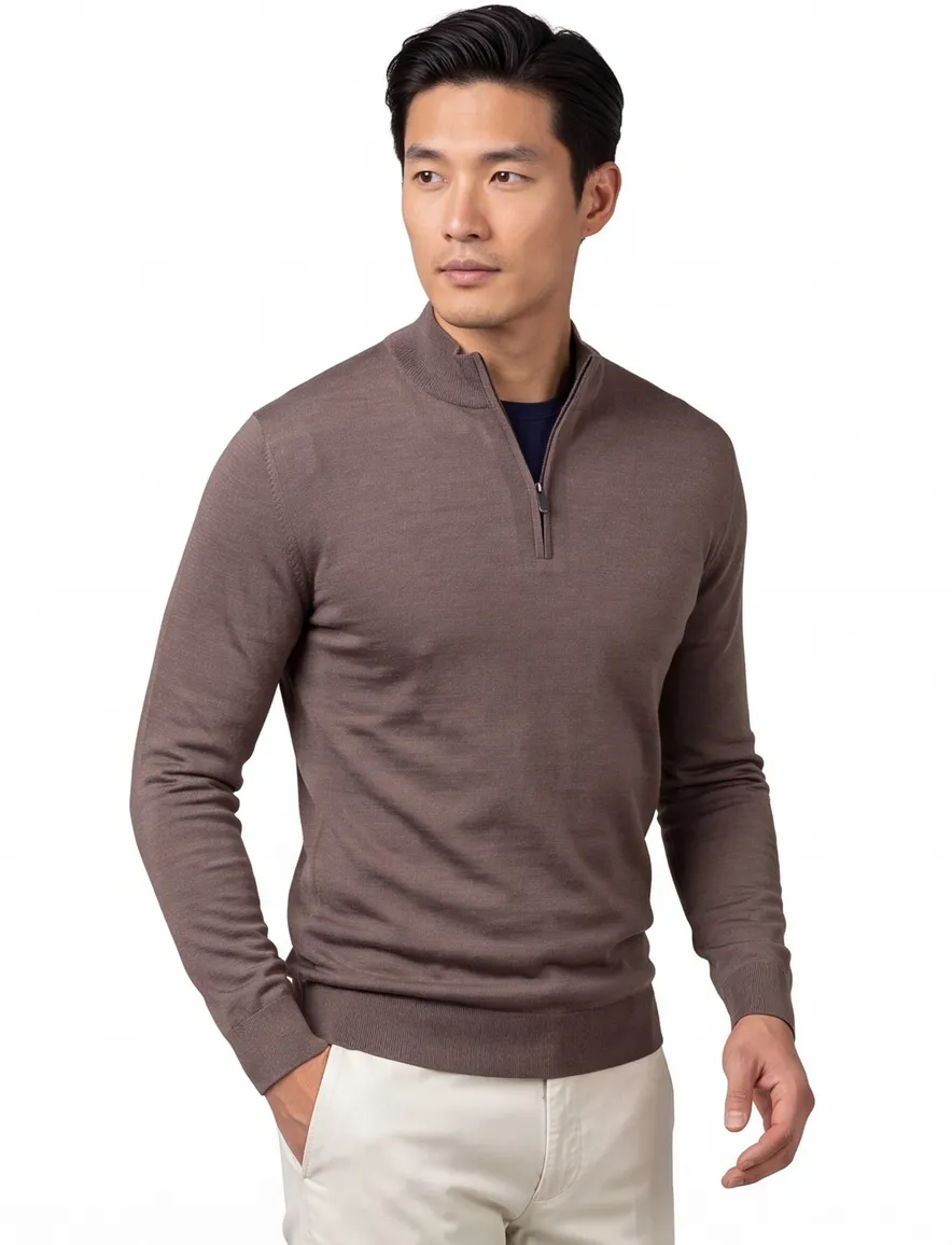 Thomas Maine half zip trui bruin merino wol