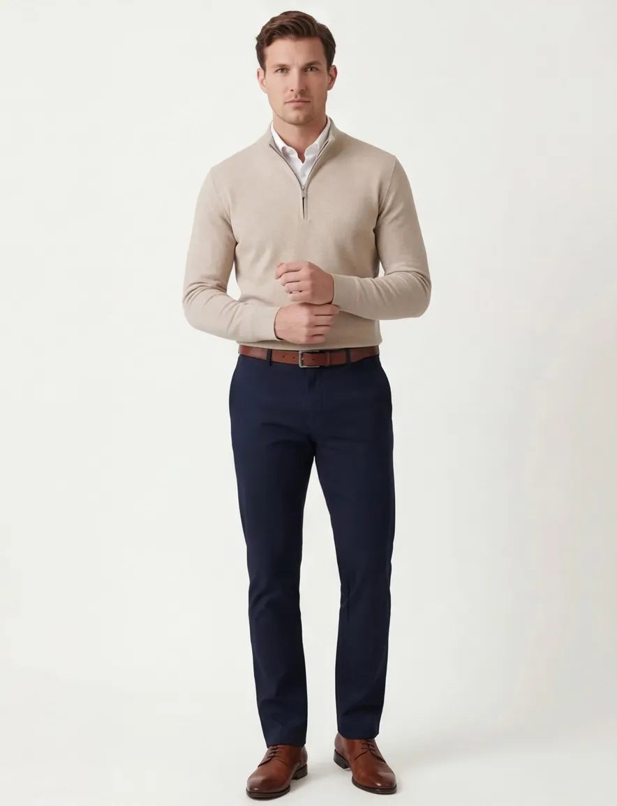 Thomas Maine trui half zip beige