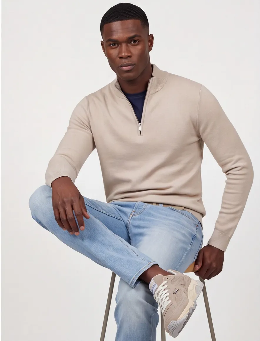 Thomas Maine trui half zip beige