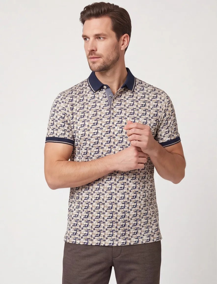 Baileys polo beige geprint multicolor creme-zwart