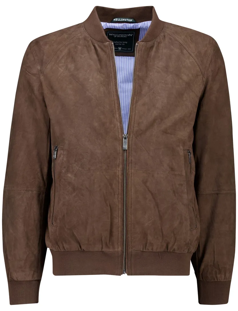 bomberjack Wellington of Bilmore effen bruin suede normale fit