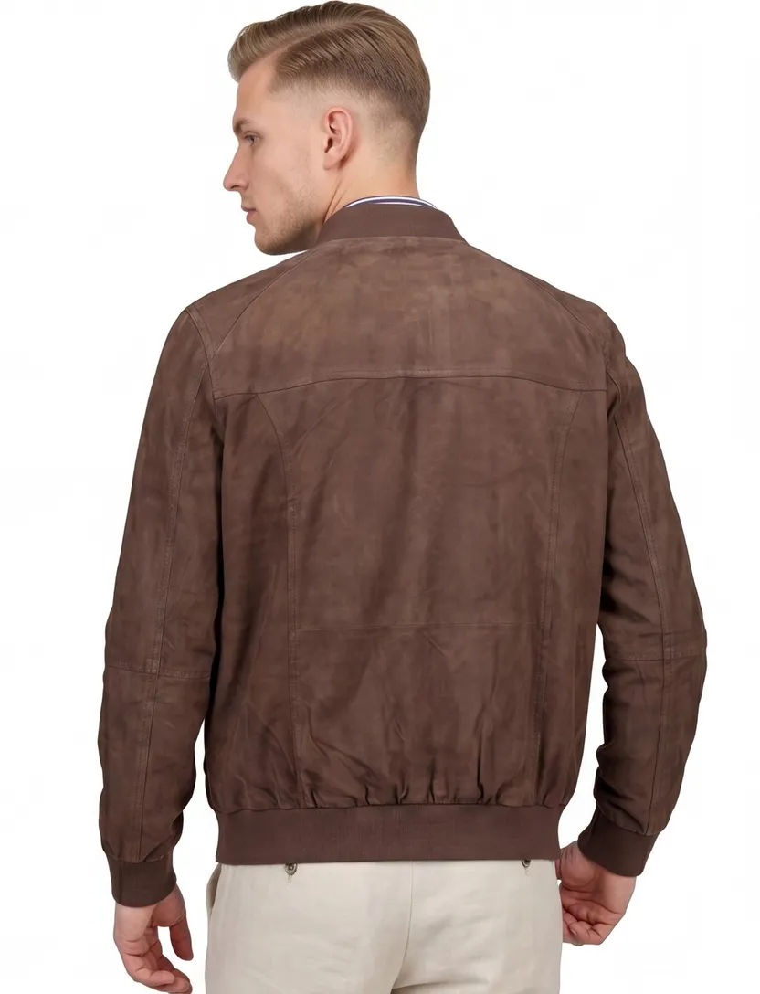 bomberjack Wellington of Bilmore effen bruin suede normale fit