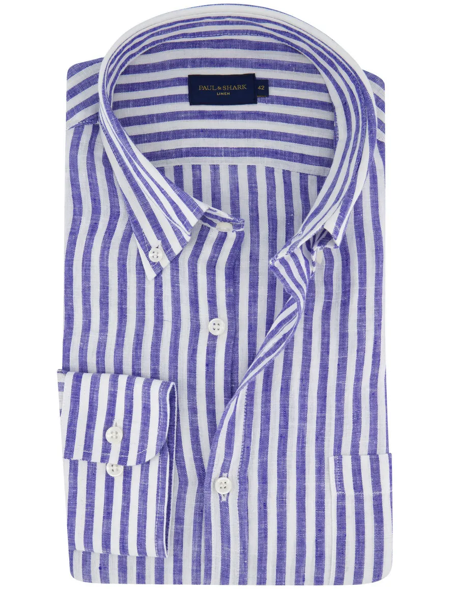 Paul & Shark overhemd blauw wit gestreept 100% linnen