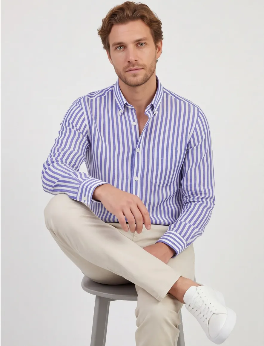 Paul & Shark overhemd blauw wit gestreept 100% linnen