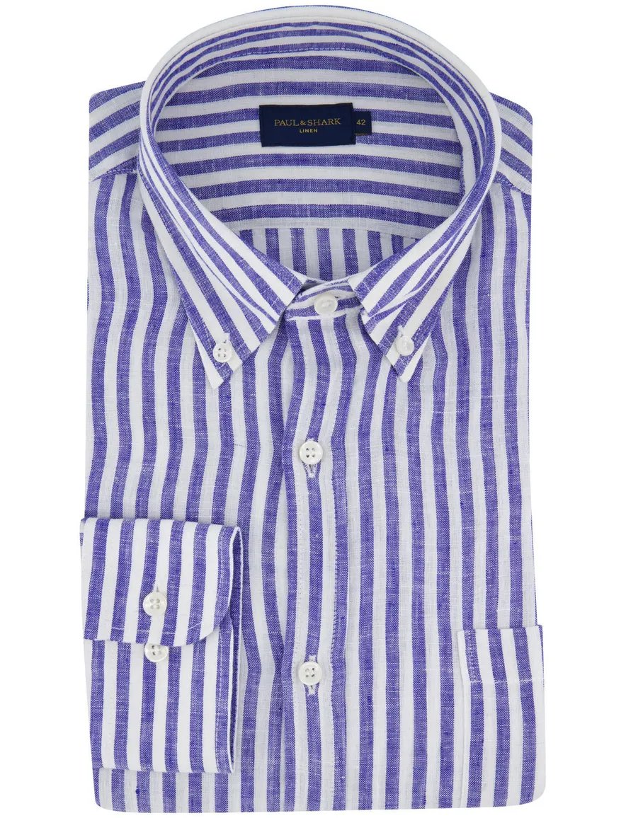 Paul & Shark overhemd blauw wit gestreept 100% linnen