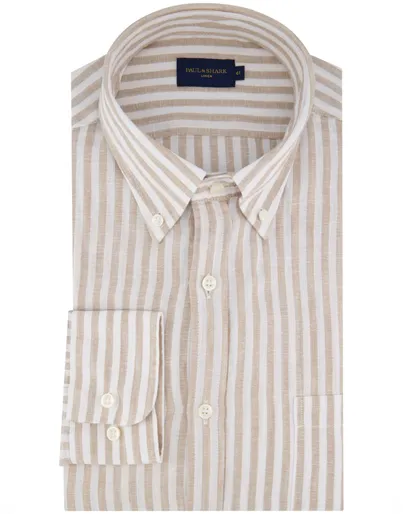 Paul & Shark Paul & Shark overhemd beige wit linnen lange mouwen