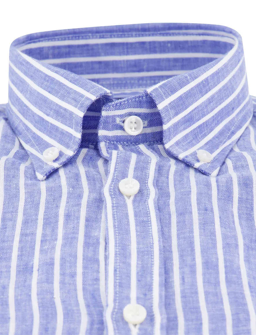 Paul & Shark overhemd korte mouw blauw gestreept linnen