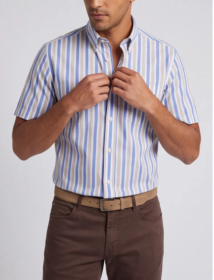 Paul & Shark korte mouw overhemd blauw beige button-down