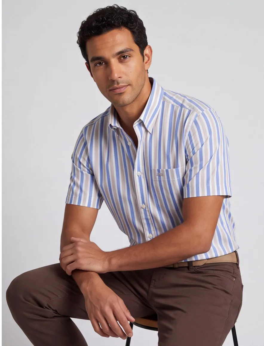 Paul & Shark korte mouw overhemd blauw beige button-down