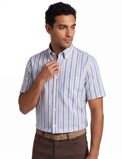 Paul & Shark Paul & Shark korte mouw overhemd blauw beige button-down