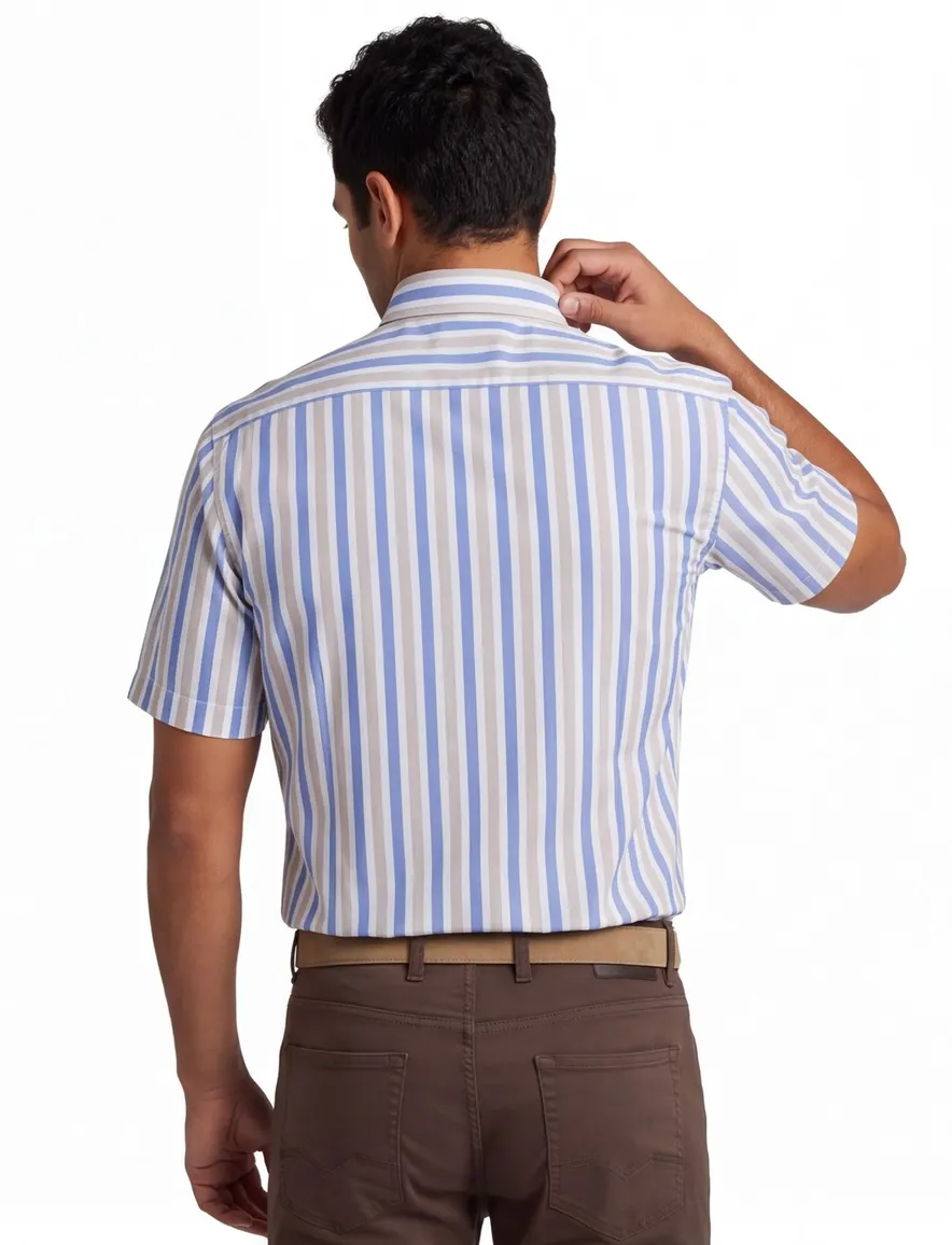 Paul & Shark korte mouw overhemd blauw beige button-down