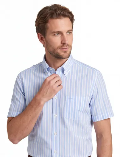 Paul & Shark Paul & Shark overhemd blauw wit korte mouw button-down