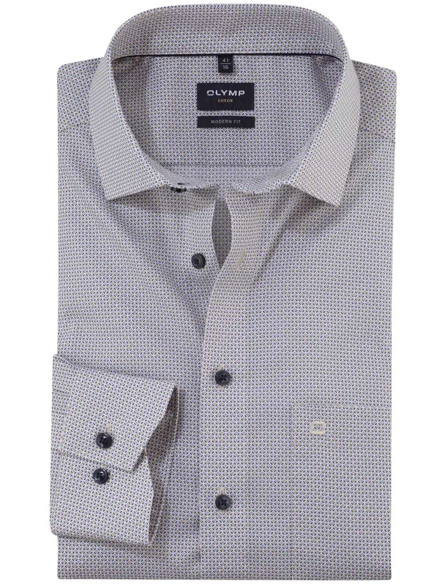 Olymp overhemd beige blauw geprint Modern Fit