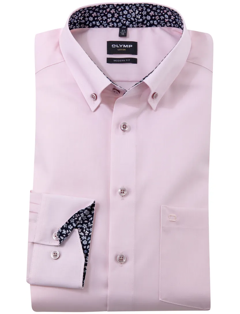 effen roze Olymp overhemd button down met borstzak