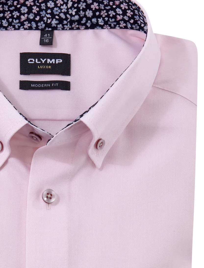 effen roze Olymp overhemd button down met borstzak