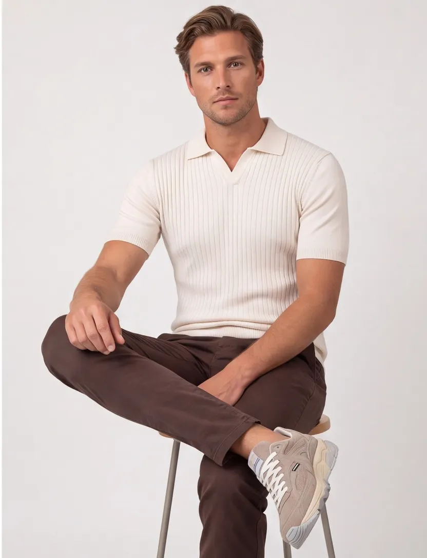 Gentiluomo polo beige v-hals katoen met boord