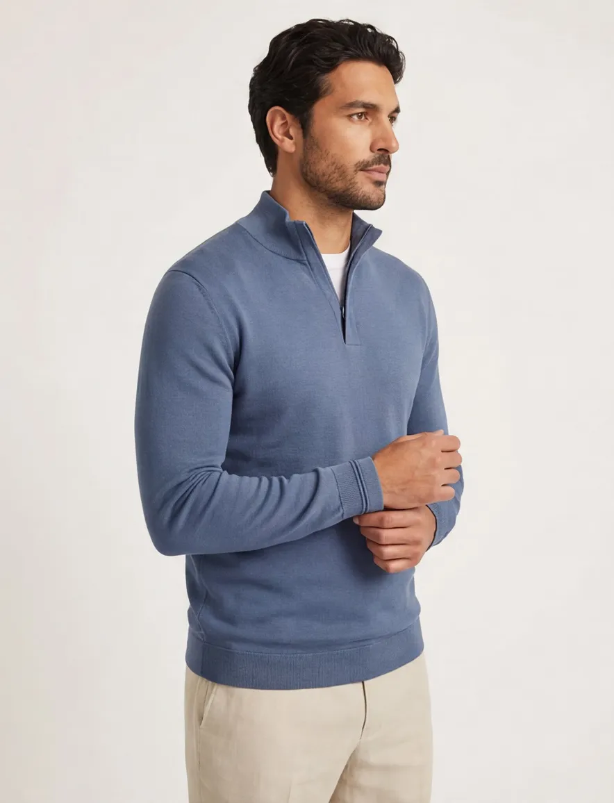 Genti half zip effen blauw normale fit