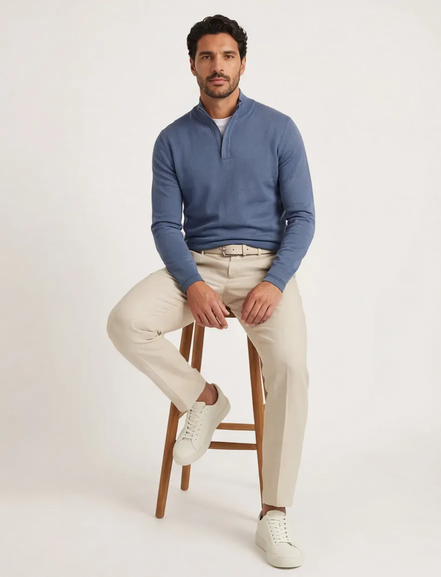 Genti half zip effen blauw normale fit