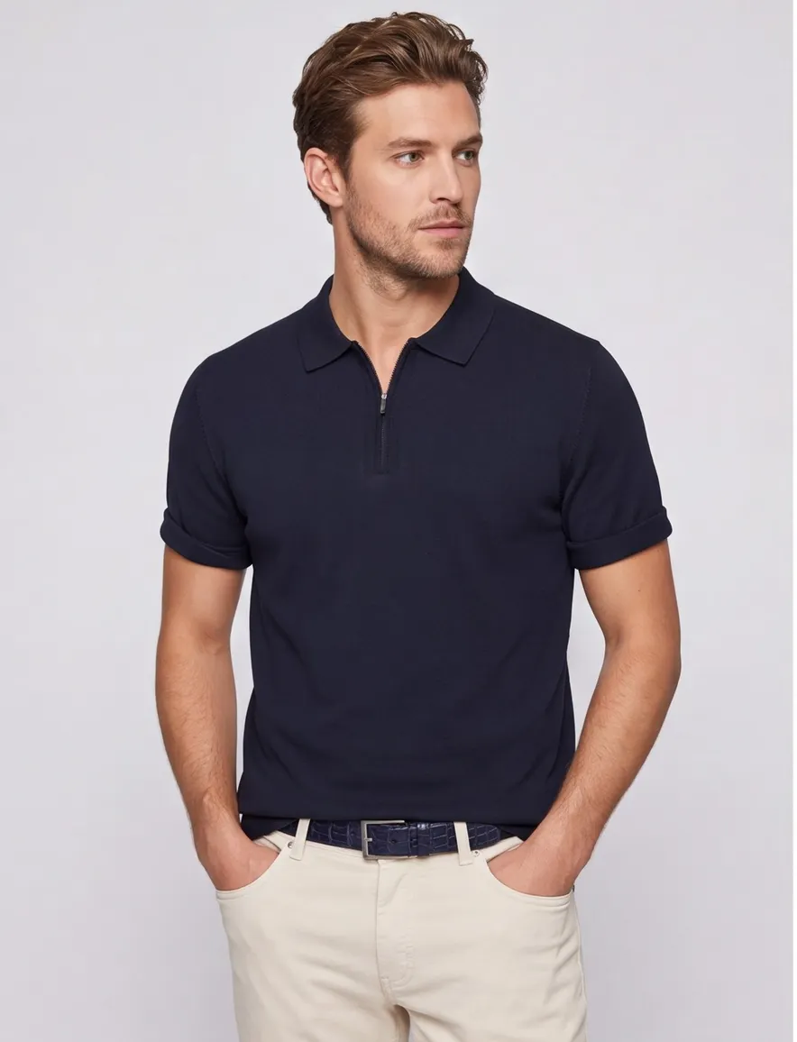 Genti polo donkerblauw effen normale fit rits