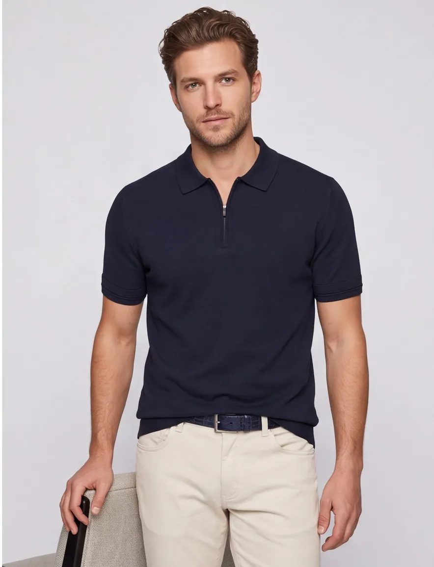 Genti polo donkerblauw effen normale fit rits