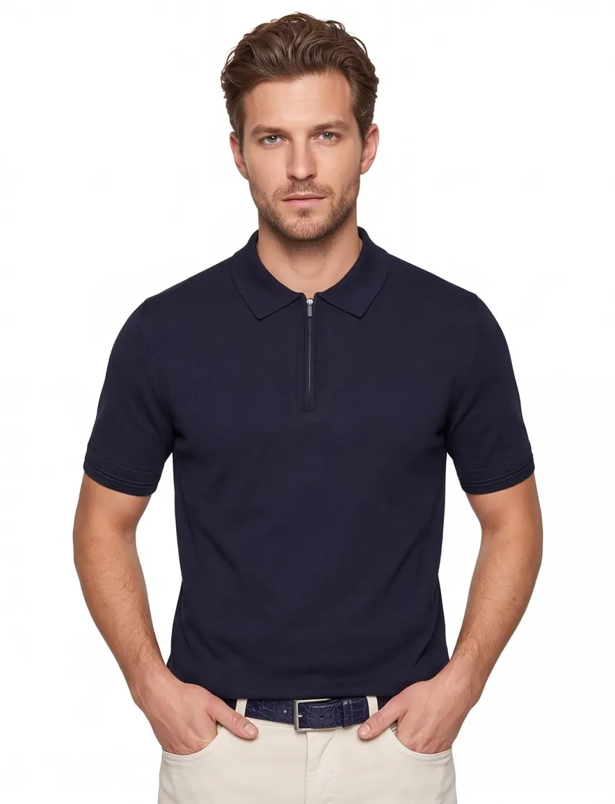 Genti polo donkerblauw effen normale fit rits