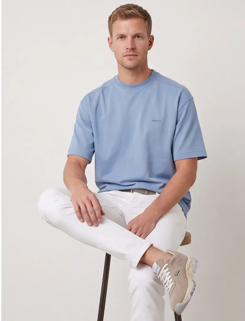 Genti T-shirt effen blauw normale fit