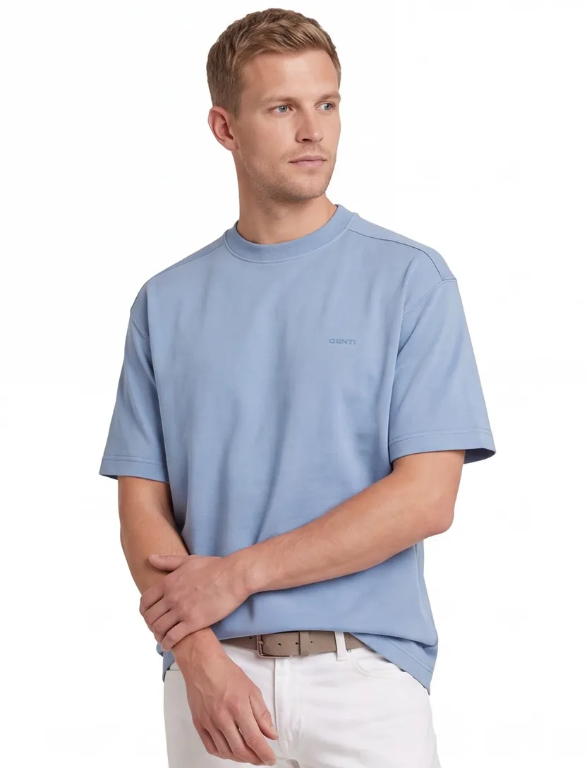 Genti T-shirt effen blauw normale fit