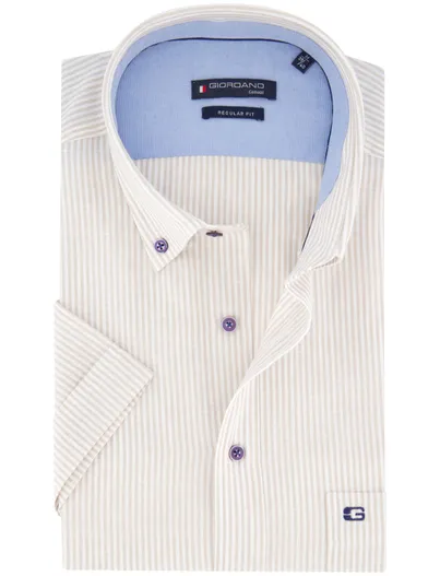 Giordano Giordano overhemd korte mouw beige gestreept regular fit