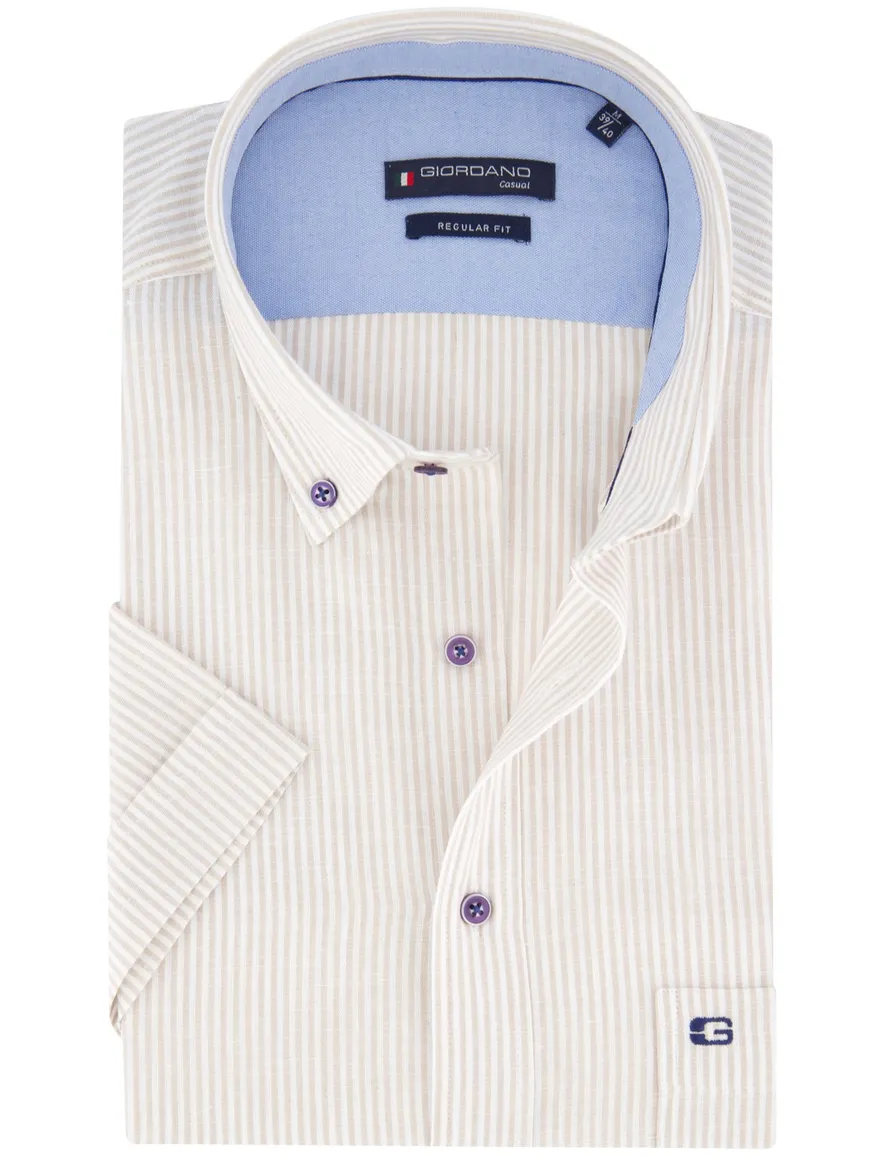 Giordano overhemd korte mouw beige gestreept regular fit
