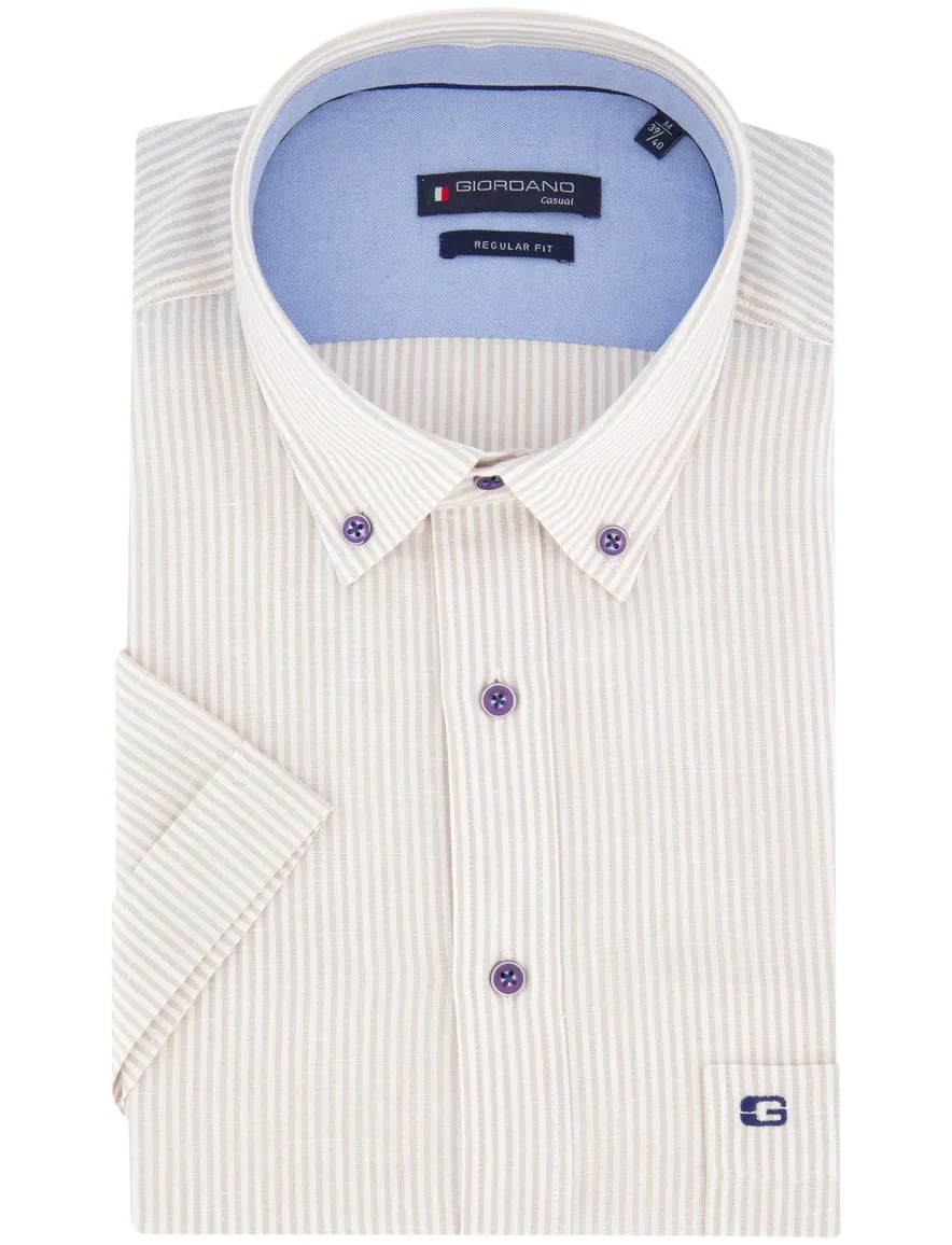 Giordano overhemd korte mouw beige gestreept regular fit