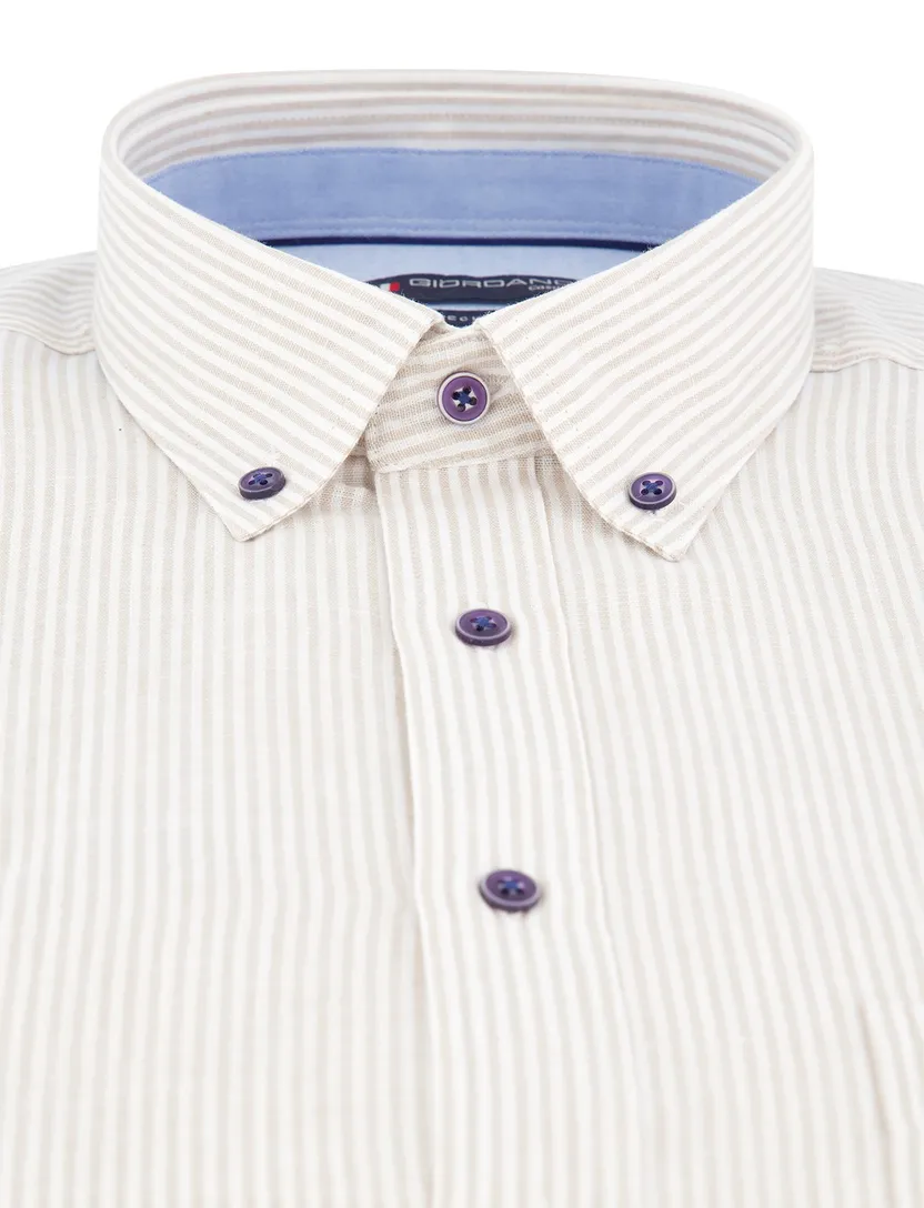 Giordano overhemd korte mouw beige gestreept button-down
