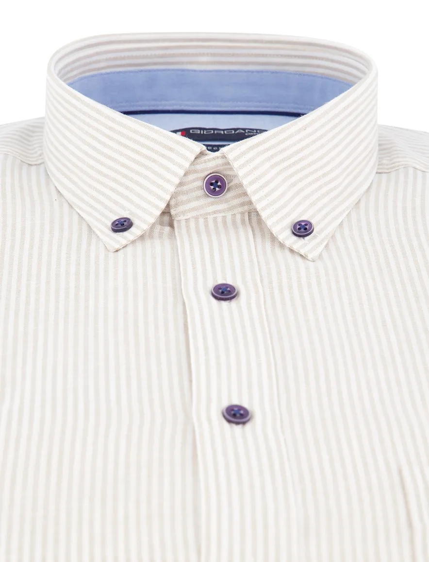 Giordano overhemd korte mouw beige gestreept regular fit