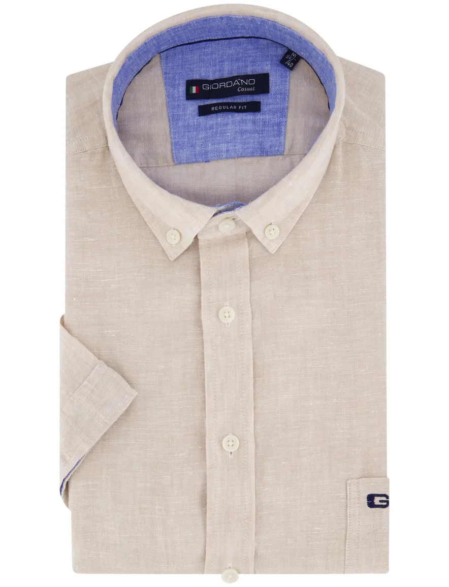 Giordano overhemd linnen korte mouw beige