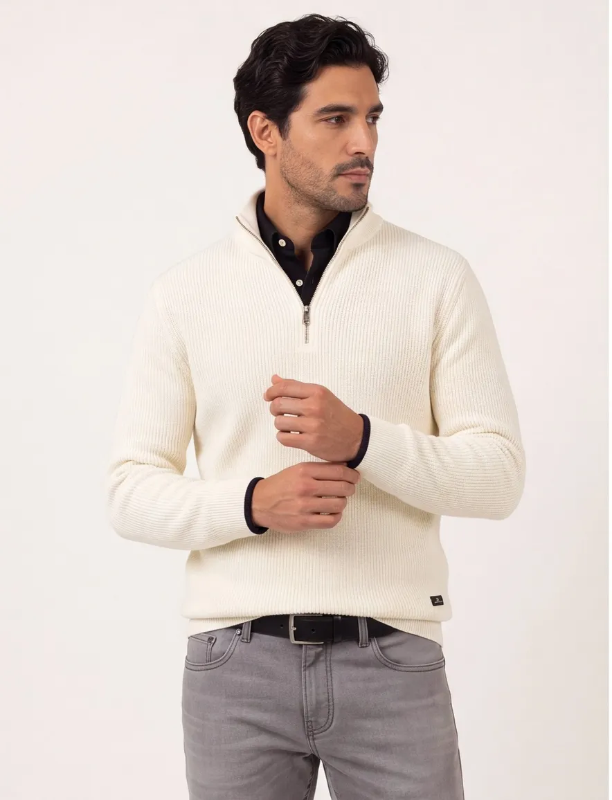 katoenen Gant trui half zip crème effen