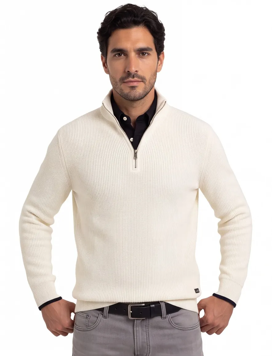 katoenen Gant trui half zip crème effen