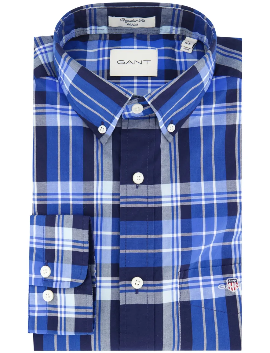 Gant overhemd katoen middenblauw geruit