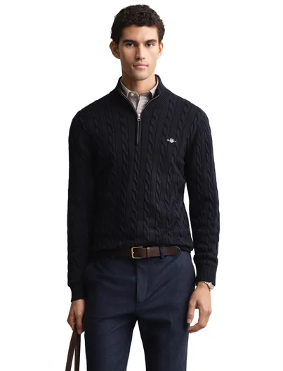 Gant Gant trui half zip donkerblauw kabel