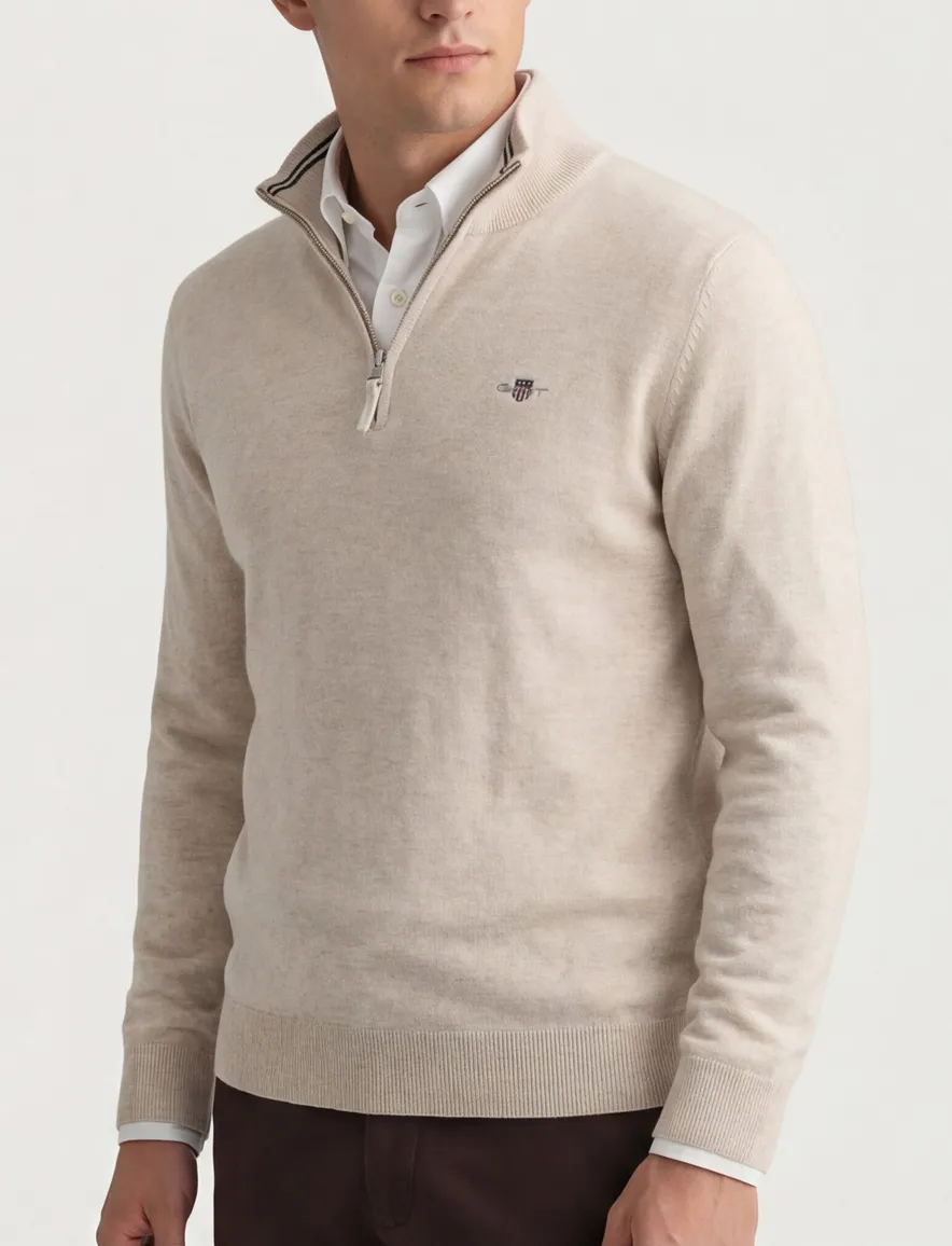 katoenen Gant half zip trui effen beige normale fit