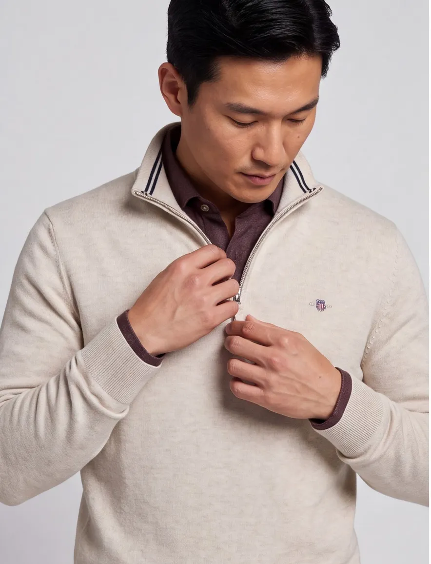 katoenen Gant half zip trui effen beige normale fit