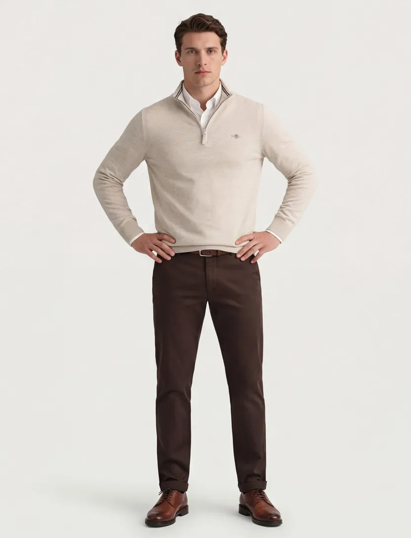 katoenen Gant half zip trui beige effen normale fit