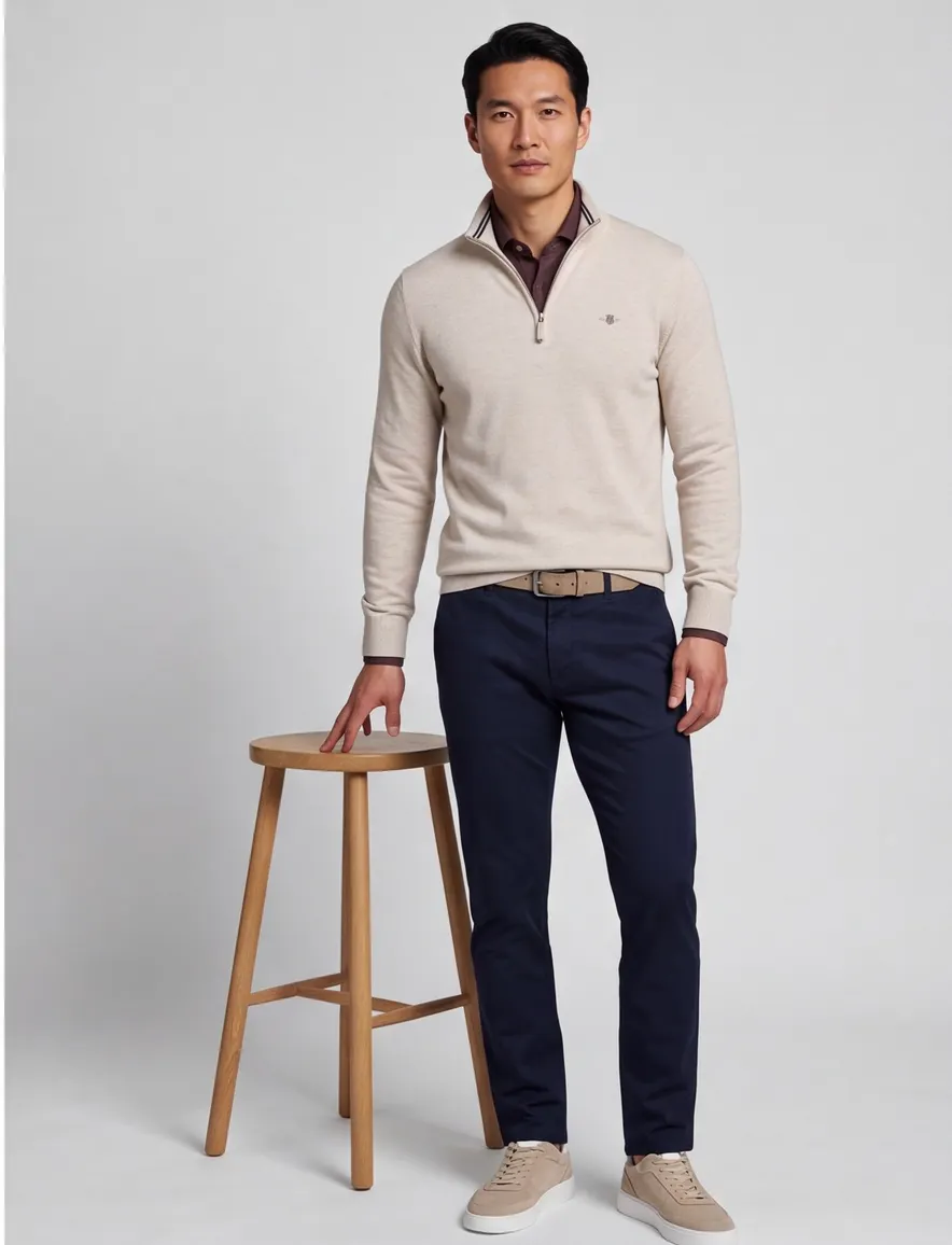 katoenen Gant half zip trui effen beige normale fit