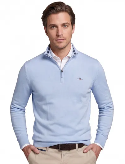 Gant katoenen Gant half zip trui effen lichtblauw normale fit