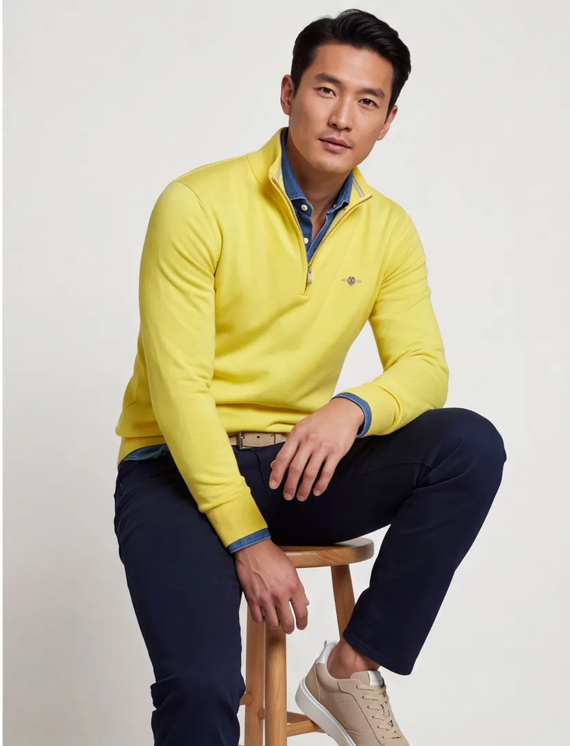 katoenen Gant half zip trui effen geel