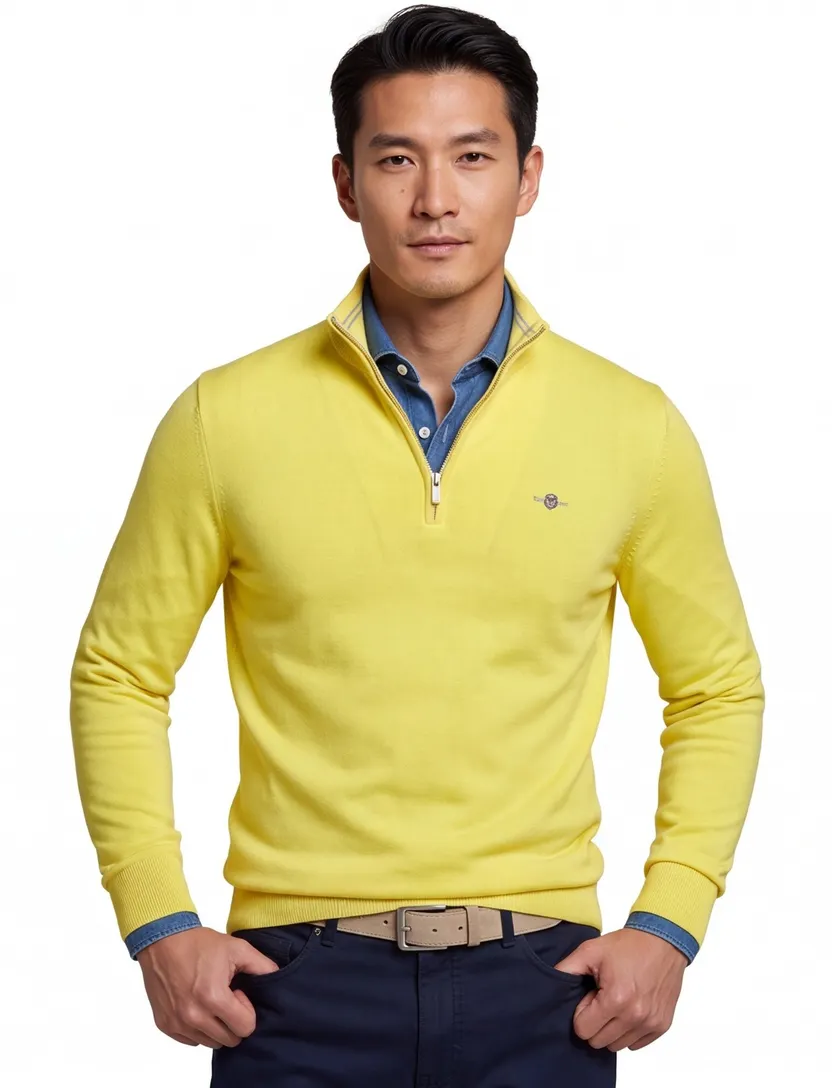 katoenen Gant half zip trui effen geel