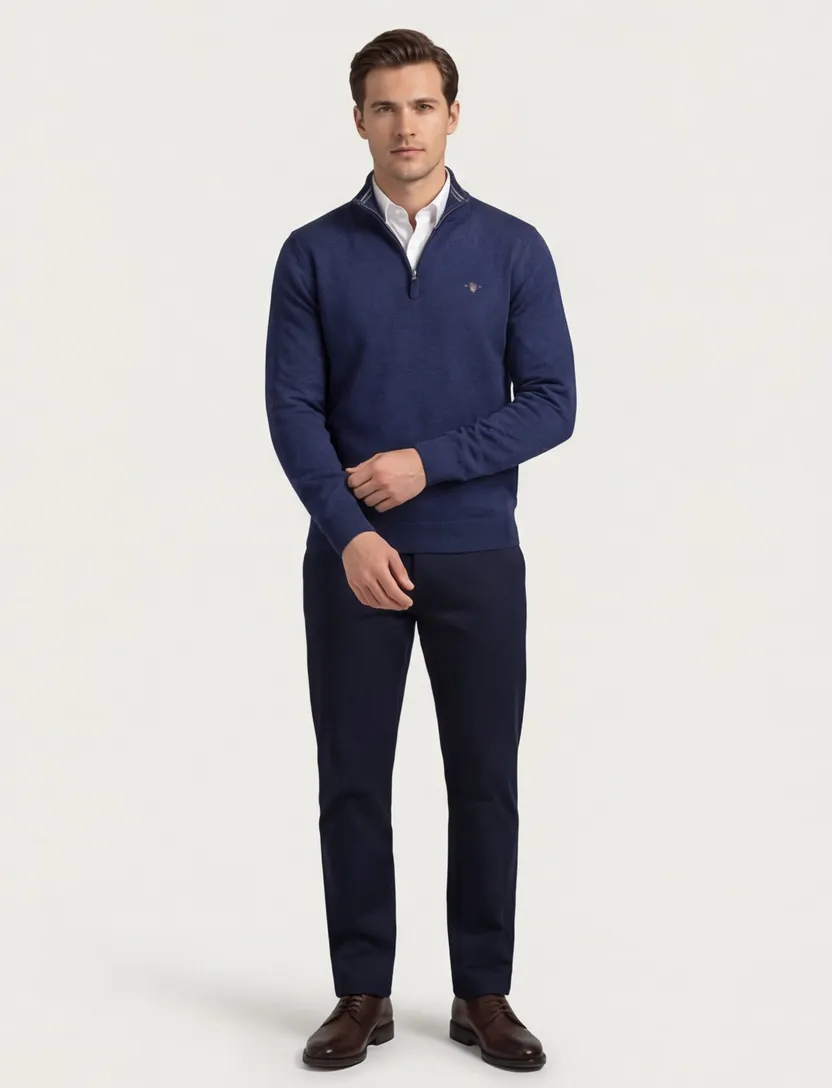 katoenen Gant half zip trui blauw effen normale fit