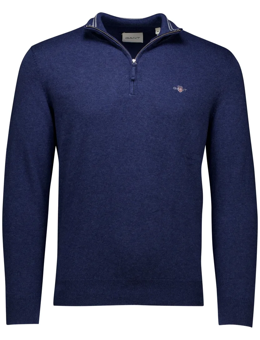 katoenen Gant half zip trui blauw effen normale fit